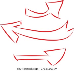 Colección de tres flechas rojas dibujadas a mano que indican el movimiento de dirección y el flujo circular en blanco.