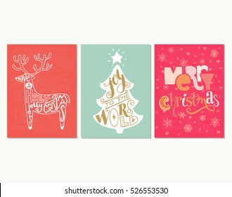 Collection of three handdrawn Christmas card templates. Hand lettering with Christmas saying, quote and greeting. New Year gift tags made in vector.