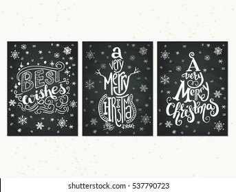 Collection of three handdrawn Christmas card templates on chalkboard background. Hand lettering with Christmas saying, quote and greeting. New Year gift tags made in vector.