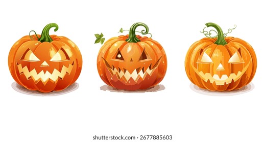 Coleção de três lanternas de Jack-o' desenhadas à mão com faces sorridentes assustadoras esculpidas para a celebração do feriado de Halloween
