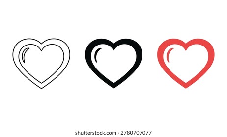A collection of three heart symbols presented side-by-side. The icons feature a simple outline, a solid black fill, and a red outline with a white interior.