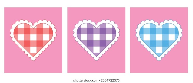 Collection of three hearts in red, purple, and blue. The hearts are set against a vibrant pink background. Perfect for Valentine's Day, invitations, or craft projects.