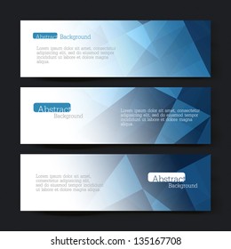 Colección de tres diseños de banner horizontales, triángulos azules abstractos, ilustración vectorial, EPS10