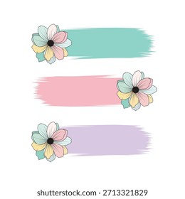 Una colección de tres Anuncios Horizontales de pinceladas en tonos pastel suaves: verde menta, rosa y lavanda. Cada Anuncio está decorado con una Pequeña y estilizada ilustración floral multicolor.