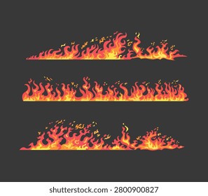 A collection of three horizontal flame borders featuring vibrant orange and red colors in a stylized cartoon flat design. These graphic elements include small sparks and various flame heights against a dark gray background. Perfect for game design assets, comic illustrations, or decorative fire safety graphics.