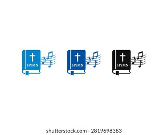 A collection of three hymn book icons in blue and black colors featuring a cross and flowing musical notes representing religious worship music.