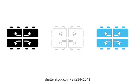 Eine Sammlung von drei Symbolen, die einen Netzwerk-Switch mit vier Ports darstellen und die Datenflussrichtung mit gekrümmten Pfeilen veranschaulichen. Die Symbole werden in massivem Schwarz, einfachem Umriss und lebendigem Blaustil angezeigt