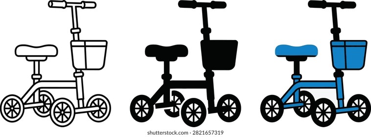 A collection of three illustrations of a toddler's four-wheeled balance bike with a basket, shown in outline, solid black silhouette, and blue color versions.