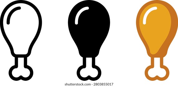 Collection of three isolated chicken drumstick icons in different styles for foodrelated designs