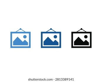 A collection of three isolated picture frame icons. Each frame hangs from a nail and contains a simple landscape with mountains and a sun. The icons are shown in blue gradient, solid blue, and black.