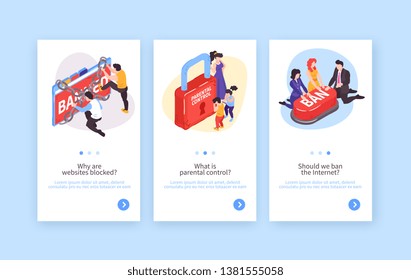 Collection of three isometric banned website vertical banners with conceptual images and editable text with buttons vector illustration