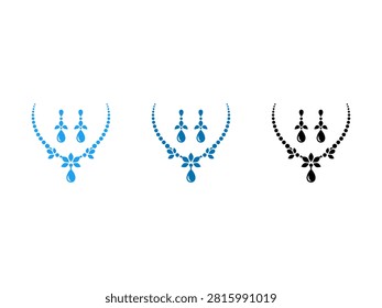 A collection of three jewelry sets including a necklace and matching earrings shown in light blue dark blue and solid black silhouettes for fashion design
