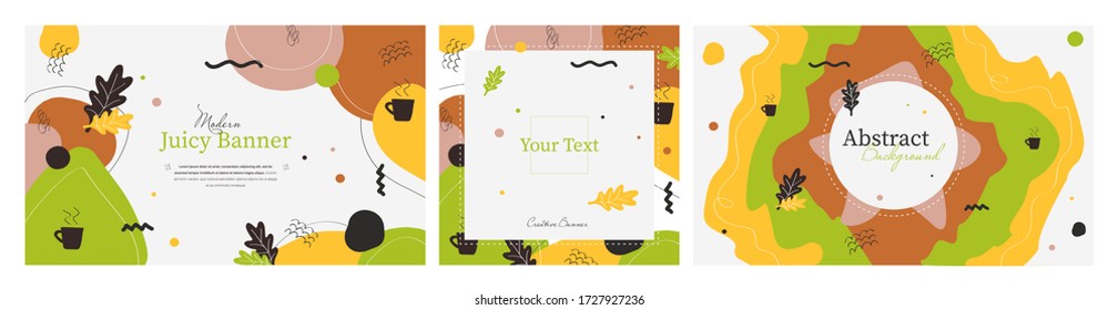 Collection of three juicy abstract banners with place for text. Hand made doodle colorful geometric vector backgrounds perfect for web and application design, banners, posters, advertising & more