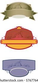 Collection of three labels with a farm scene.