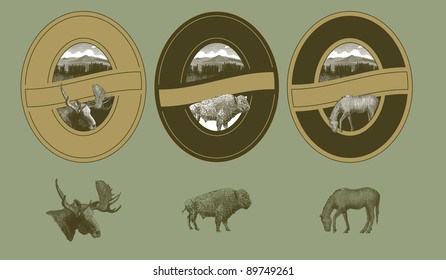 Collection of three labels featuring a moose, bison, and horse.
