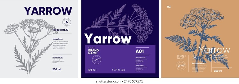 A collection of three labels for yarrow-based products, each featuring a detailed botanical illustration in engraving style.