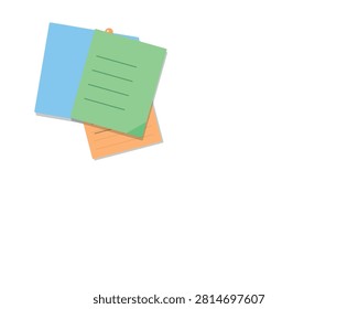 Collection of three layered colorful memo papers pinned together creating simple office supply aesthetic isolated design.