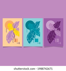 A collection of three leaf illustrations with a series of beautiful shapes for graphic design needs, poster screen printing, poster templates and art prints in orange, light blue, and purple tones
