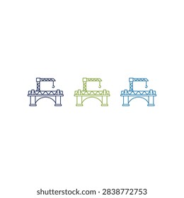 A collection of three linear icons depicting a bridge under construction with a crane on top in blue yellow and teal colors