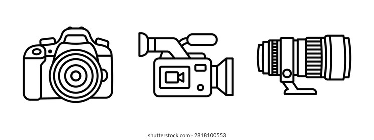 A collection of three linear icons representing professional photography and videography gear, including a DSLR camera, a video camera, and a zoom lens.