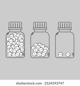 Collection of three linear pill bottles filled with capsules, arranged in increasing and decreasing quantities