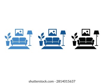 A collection of three living room interior icons featuring a couch floor lamp potted plant and wall art in blue and black colors