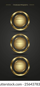 Collection of three lmodern and elegant graphic with concentric golden rings enclosing a center with the word Globalization, banner, button.