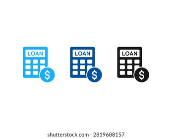 A collection of three loan calculator icons featuring a dollar coin symbol representing financial planning mortgage estimation and banking services in various shades of blue and black