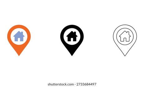 collection of three location icons, each featuring house symbol within differently colored and styled map pin, set against clean white background, representing property location and address points in modern and simple design.