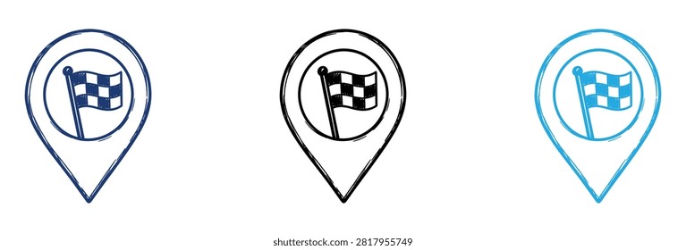 A collection of three location pointer icons featuring a checkered finish line flag inside a circle representing racing destinations or track locations