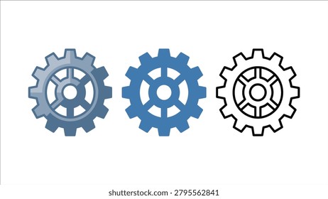 A collection of three machine gear icons with detailed inner circles, styled in shaded flat blue, minimalist solid flat, and a precise linear outline version. Ideal for operational settings dashboards, automation software interfaces, engineering infographics, and manufacturing service graphics.