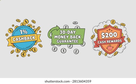 Collection of three marketing guarantee badges offering one percent cashback, thirty day money back, and two hundred dollar cash rewards.