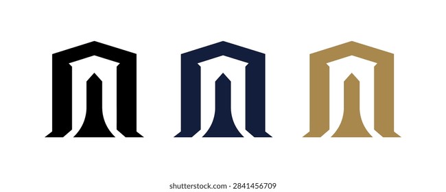 A collection of three minimalist bridge or gate icons featuring a central arch and tower silhouette in black dark blue and metallic gold colors