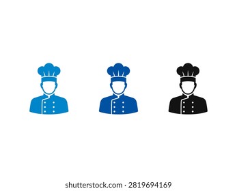 A collection of three minimalist chef icons featuring a cook wearing a traditional toque hat and double breasted uniform jacket in blue and black styles.