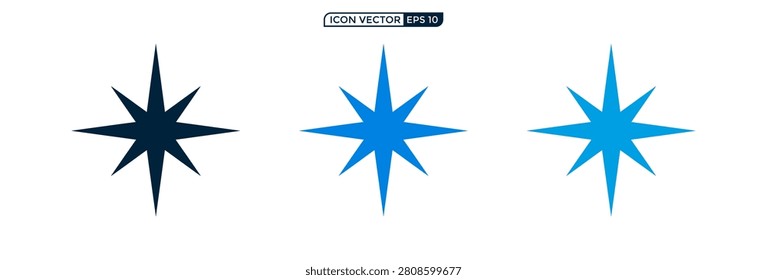 A collection of three minimalist eight pointed star symbols featuring sharp geometric lines in dark black and varying shades of blue for graphic design use