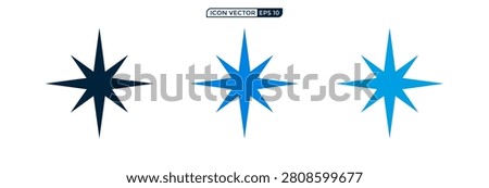 A collection of three minimalist eight pointed star symbols featuring sharp geometric lines in dark black and varying shades of blue for graphic design use