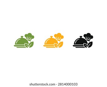 A collection of three minimalist icons representing catering and healthy dining with a serving platter chef hat and green leaves in different colors