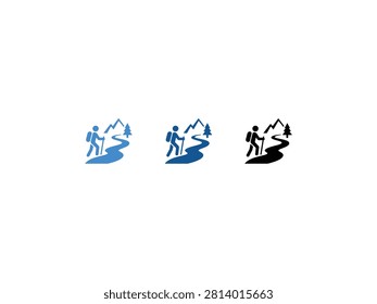A collection of three minimalist icons showing a hiker with a backpack and walking stick navigating a winding mountain path near a pine tree.