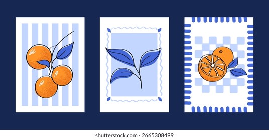 A collection of three minimalist illustrations of plants and orange fruits, oranges and tangerines in rich blue and orange tones. Perfect for art prints, fabric patterns, product packaging, kitchen