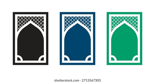 A collection of three minimalist Islamic prayer mat designs, featuring a mihrab arch, geometric patterns, and corner motifs in black, blue, and green colors.