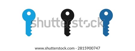 A collection of three minimalist key symbols featuring light blue dark blue and black colors representing digital security login access and encryption solutions
