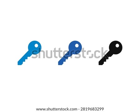 A collection of three minimalist key symbols featuring light blue dark blue and black variations representing digital security encryption and access control solutions