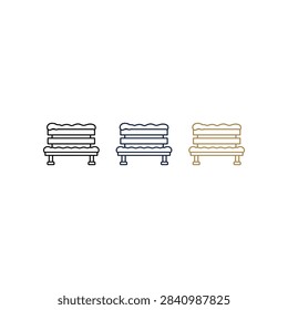 A collection of three minimalist park bench icons featuring snow accumulation on the seat and backrest presented in black and gold line art styles