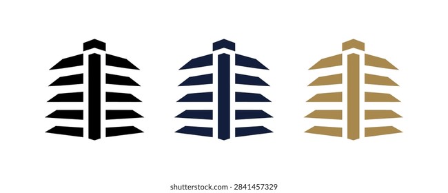 A collection of three minimalist skyscraper or tower icons featuring horizontal lines and a central vertical pillar in black navy blue and metallic gold colors