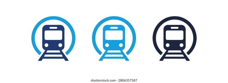 A collection of three minimalist subway train icons in blue and black colors showing a locomotive emerging from a tunnel on tracks for urban transit design