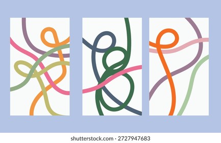 Una colección de tres carteles de Vertical minimalistas con líneas de bucle entrelazadas y coloridas en un estilo abstracto moderno sobre fondos blancos.