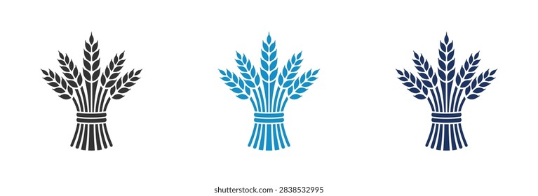 A collection of three minimalist wheat stalk illustrations featuring different shades of blue and black representing agriculture and harvest themes