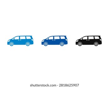 A collection of three minivan vehicle silhouettes shown from the side in light blue dark blue and black colors isolated on a white background