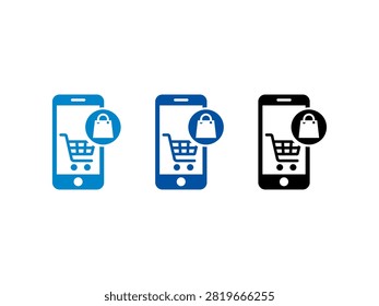 A collection of three mobile commerce icons showing a smartphone screen with a shopping cart and a retail bag icon in blue and black colors