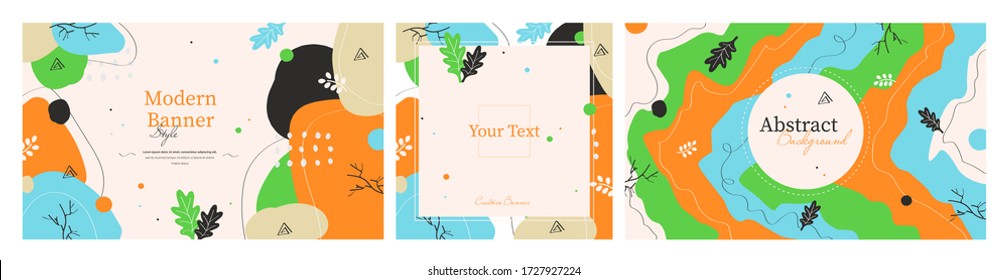 Collection of three modern abstract orange banners with place for text. Hand made doodle colorful geometric vector backgrounds perfect for web and application design, banners, posters, advertising